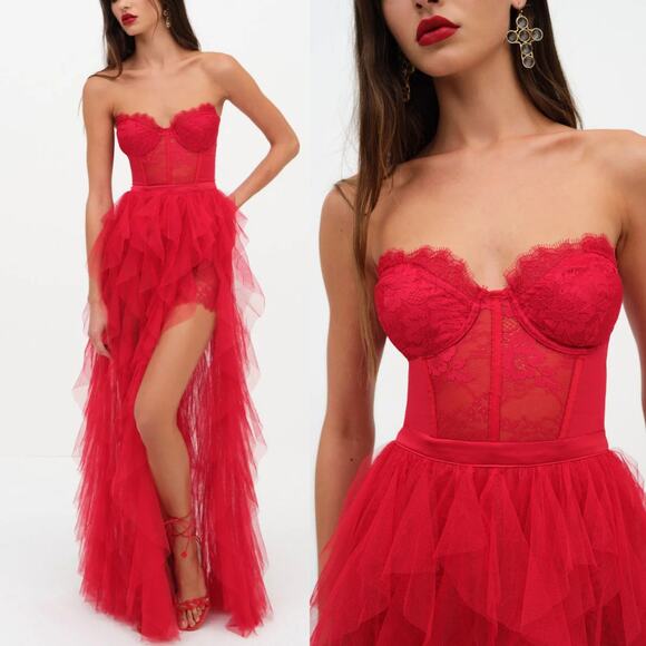 For Love & Lemons Bustier Gown Tulle Dress Red Size XXS NWT - Picture 3 of 12